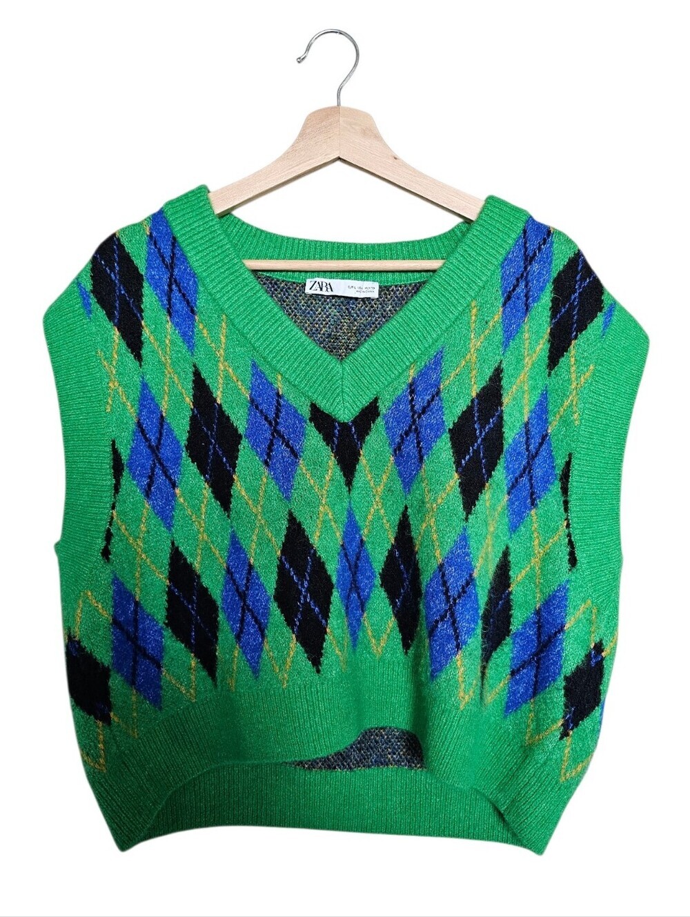 ZARA Green Argyle Knit V-Neck Sweater Vest Size Large
